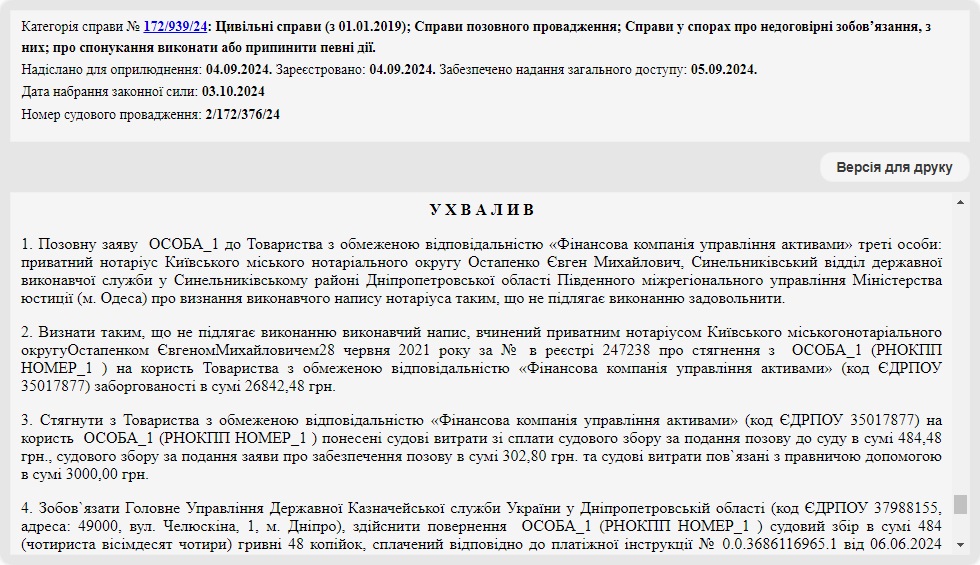 Справа № 172/939/24: Скасували виконавчий напис нотаріуса за рахунок «Фінансова компанія управління активами»